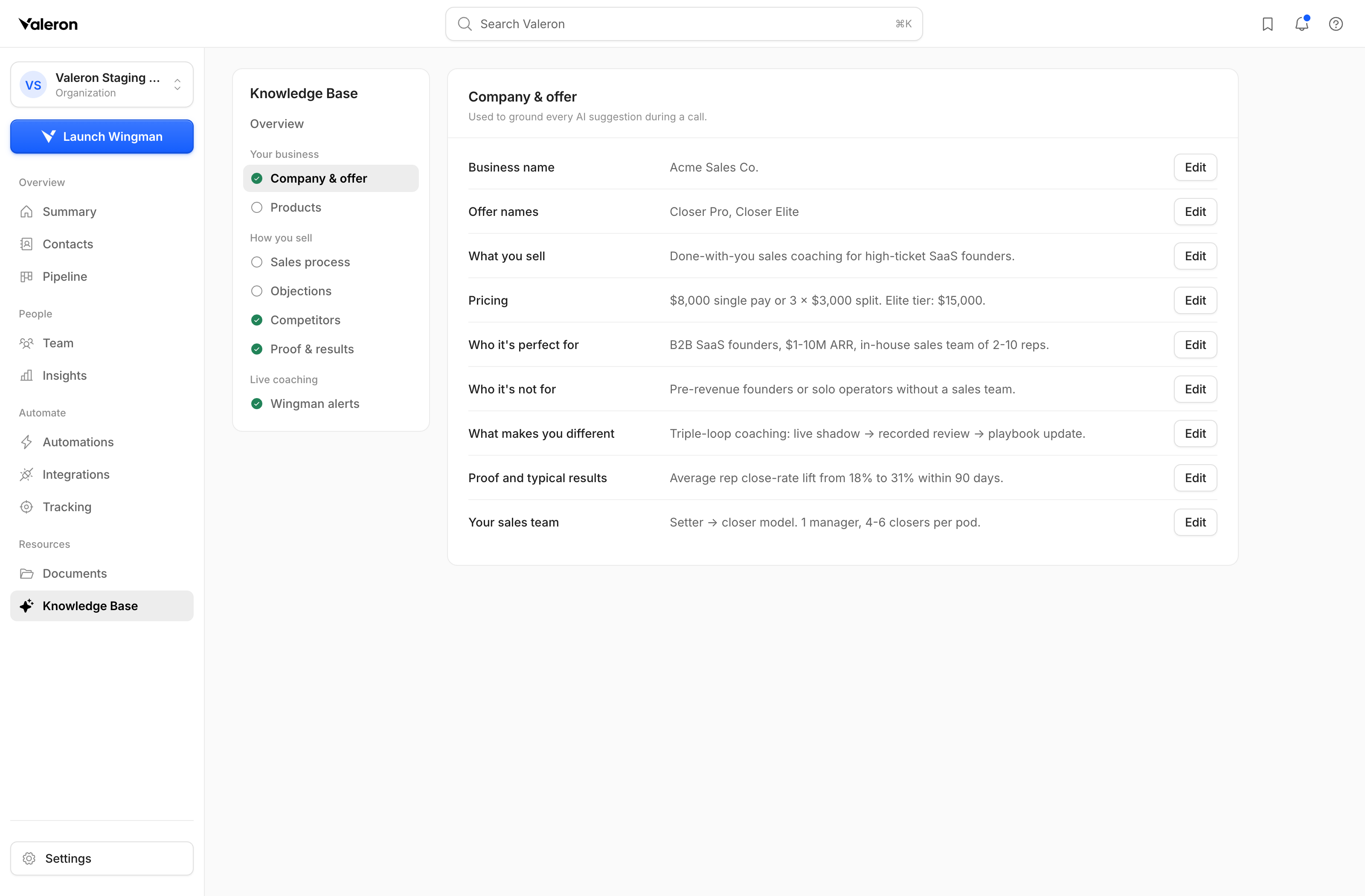 Valeron Knowledge Base Company & offer view showing demo business context in light mode.